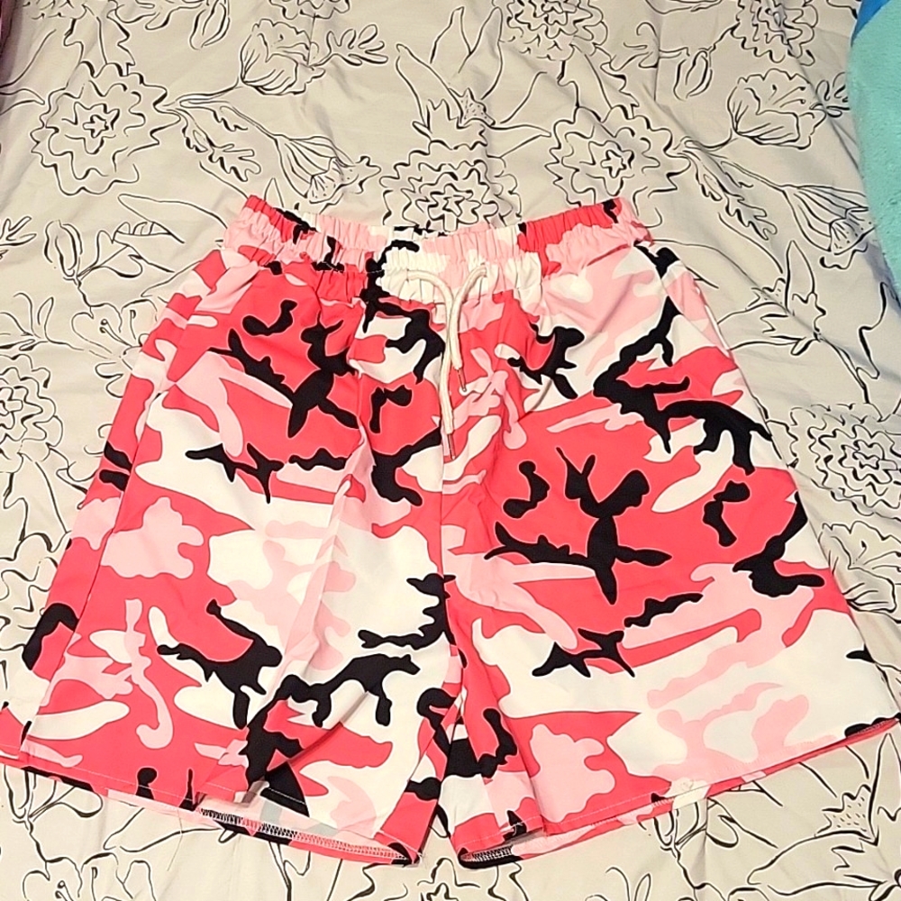 Pink camo swim trunks unisex